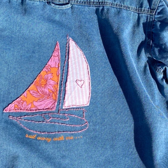 Sail Away with me Denim Shacket with Hand Embroidered Sailboat Design - Picture 8 of 8